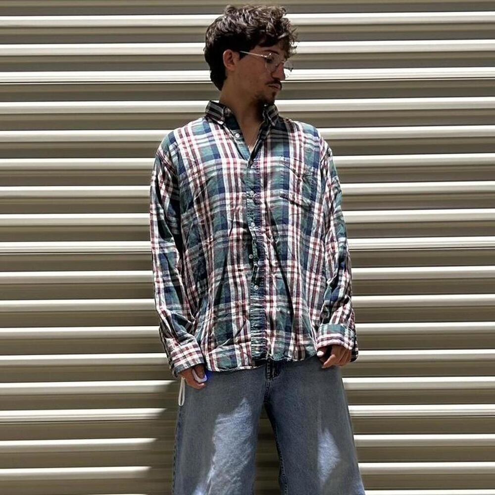 Vintage 80s L.L.Bean plaid green button up shirt that’s distressed and has stain